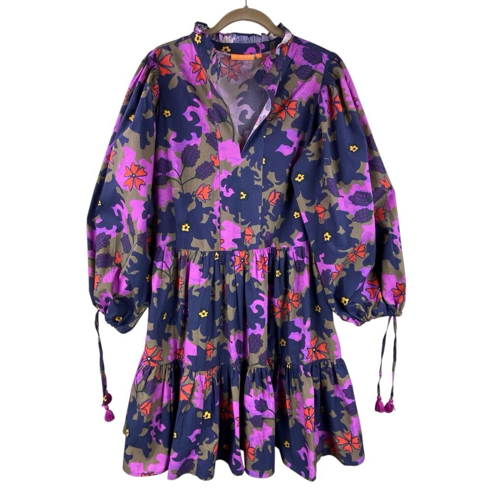 Oliphant Suzani Floral Dress Size L Purple Blue Puff Sleeves Spring Wedding